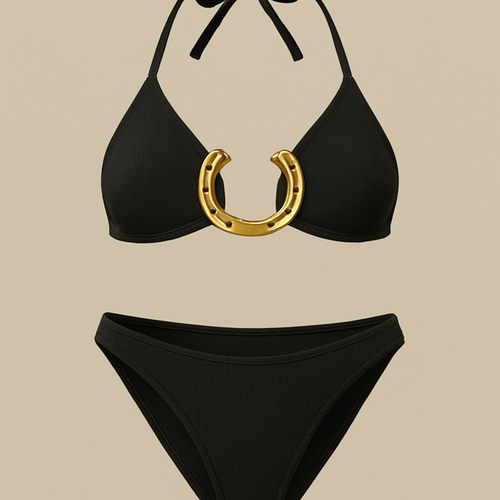 A black bikini with a 2 gold horseshoes connecting the two triangles on the top 