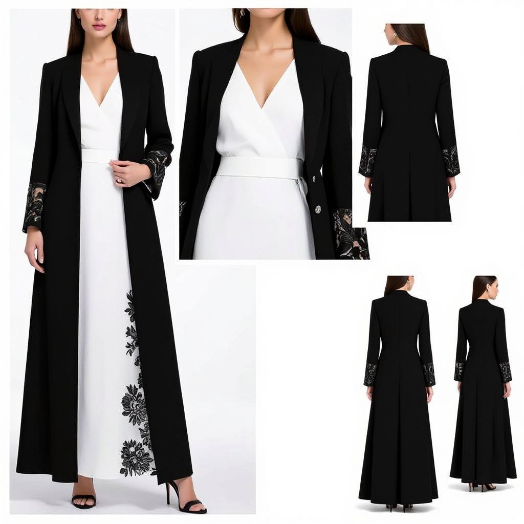 Abaya Blazer Design – Elegant Black Edition (Ankle Length) • Outer Fabric: • Worsted Wool Blend or Gabardine Wool in a luxurious black shade. • Structured and refined, perfect for a strong, formal silhouette. • Inner Lining: • Bemberg Rayon or Silk Satin in black or dark grey, adding comfort and fluidity. • Key Details: • A-Line cut tailored to ankle length, offering elegance with practicality. • Slim feminine blazer lapel with a neat, classic finish. • Hidden inner closure to preserve the sleek outer look. • French Lace Integration (Side Panels): • Placement: Panels of luxurious French lace running along both sides of the abaya, starting just below the armpits and extending down to the beginning of the waistline. • Effect: Creates a subtle illusion of a narrower waist from the sides, adding a refined feminine touch while keeping the formal blazer style intact. • Pattern: Intricate floral and leafy lace with slight transparency, enhancing depth and elegance. • Back Design: • The back remains plain, with a small center slit at the hem to emphasize the blazer identity and ease movement. ⸻ ✨ Result: An ankle-length abaya blazer in luxurious black fabric, featuring French lace side panels from under the arms down to the waistline. This placement creates a graceful illusion of slimming and femininity, blending strength, formality, and refined elegance — ideal for evening wear and upscale occasions.
Haute Couture fashion: Black worsted wool blend abaya blazer. A-line, ankle length. Slim lapel, hidden closure. French lace side panels from armpit to waist, subtle floral pattern. Plain back with small slit.