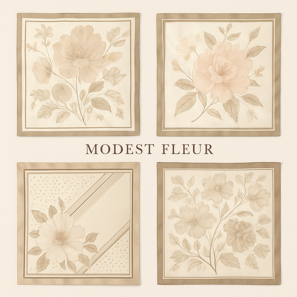 Create me some unique and chic, sophisticated designs for scarves that would be perfect for my brand, “Modest Fleur”.
Create me some unique and chic, sophisticated designs for scarves that would be perfect for my brand, “Modest Fleur”.