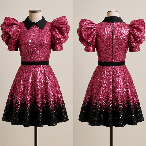 A pink and black sequence dress with giant ruffles on the shoulders