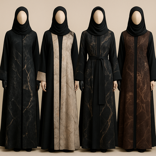 Create a modest abaya that’s the first of its kind, featuring a unique stone design that exudes a classy and sophisticated vibe. I’d like four designs, each showcasing different styles and fabrics. Incorporate high-end, unique chic stone designs to make them truly special.