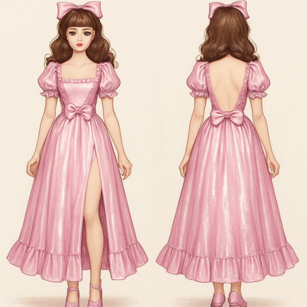 Crea un abito fluido con spacco sulla coscia e schiena profonda in un tessuto luminoso
Crea un abito fluido con spacco sulla coscia e schiena profonda in un tessuto luminoso
, lolita style, show front and back