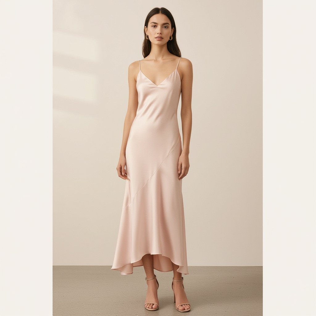 Pale pink Silk slip dress with spaghetti straps
Pale pink silk slip dress, bias-cut, with spaghetti straps and a scoop neckline.