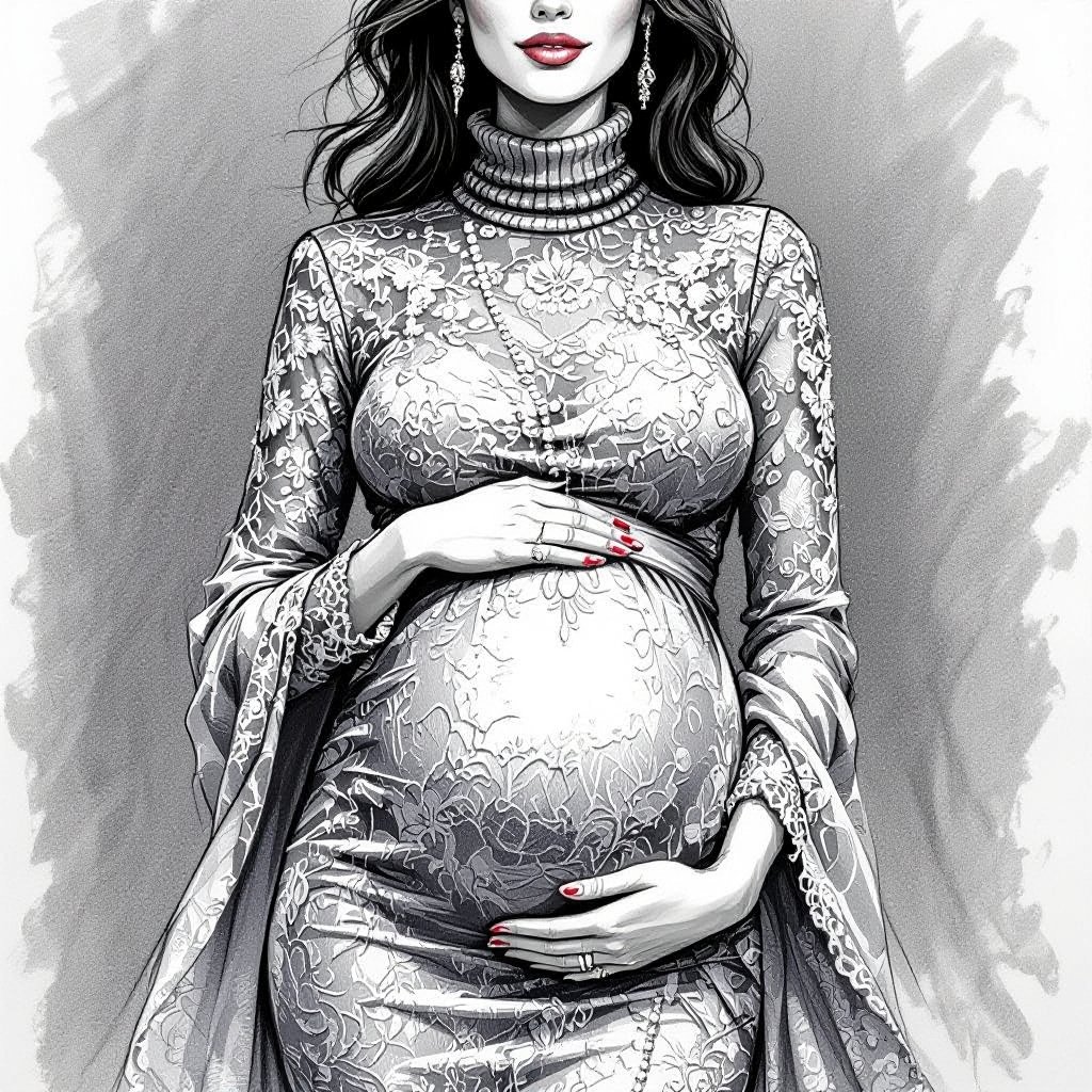 A pencil sketch of a pregnant woman in a beaded turtle neck lace maternity dress
A pencil sketch of a pregnant woman in a beaded turtleneck, long-sleeve, lace maternity dress.