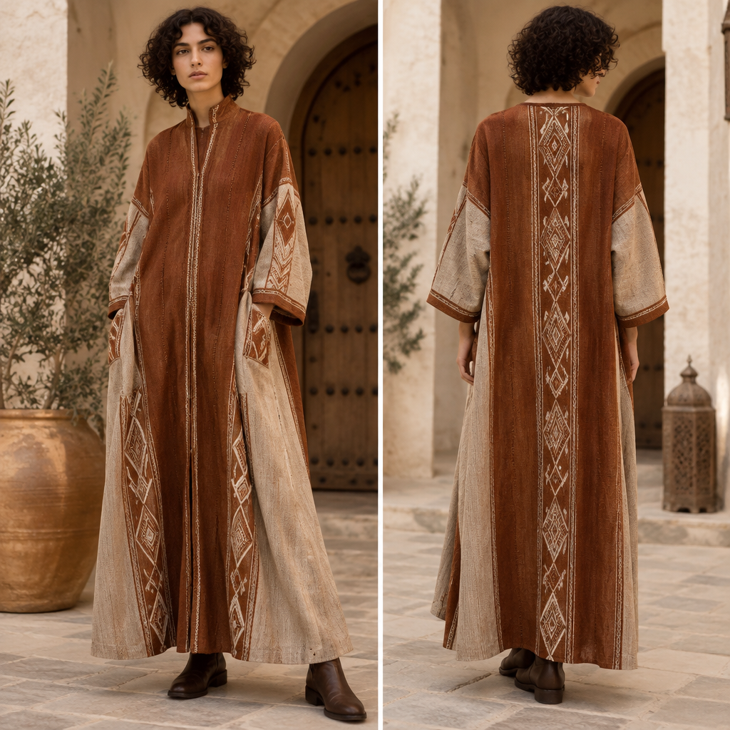 A Unisex Dress design, suitable for Fall. Tunisia fashion aesthetics. Current season is Autumn in Tunisia. Present it as professional fashion catalogue photography: the garment is the subject, shown full-length with editorial styling, neutral posing and tasteful, non-suggestive framing.
photorealistic fashion design, A Unisex Dress design, suitable for Fall. Tunisia fashion aesthetics. Current season is Autumn in Tunisia. Present it as professional fashion catalogue photography: the garment is the subject, shown full-length with editorial styling, neutral posing and tasteful, non-suggestive framing., just the design no text
