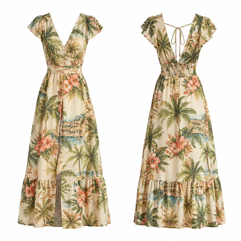 A Dress design, for Beach, suitable for Summer, in Tropical + Mediterranean + Vintage style. Sundress
make the background white. Design with modest coverage.
photorealistic fashion design, A Dress design, for Beach, suitable for Summer, in Tropical + Mediterranean + Vintage style. Sundress
make the background white. Design with modest coverage., tropical style, just the design no text, show front and back