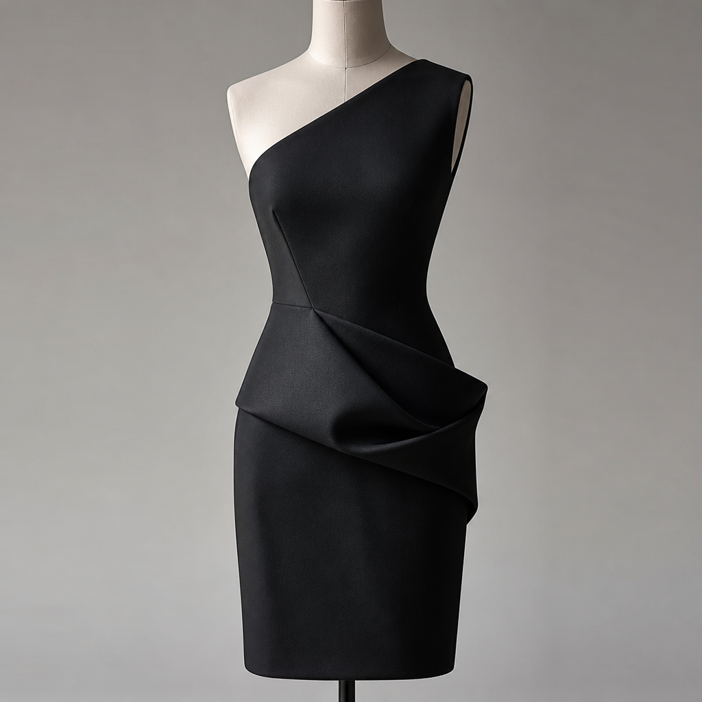 “A sleek, structured cocktail dress in matte black, asymmetric one-shoulder design, clean architectural lines, knee-length, no embellishments, sculptural silhouette, editorial fashion shot.”
photorealistic fashion design, “A sleek, structured cocktail dress in matte black, asymmetric one-shoulder design, clean architectural lines, knee-length, no embellishments, sculptural silhouette, editorial fashion shot.”, just the design no text
