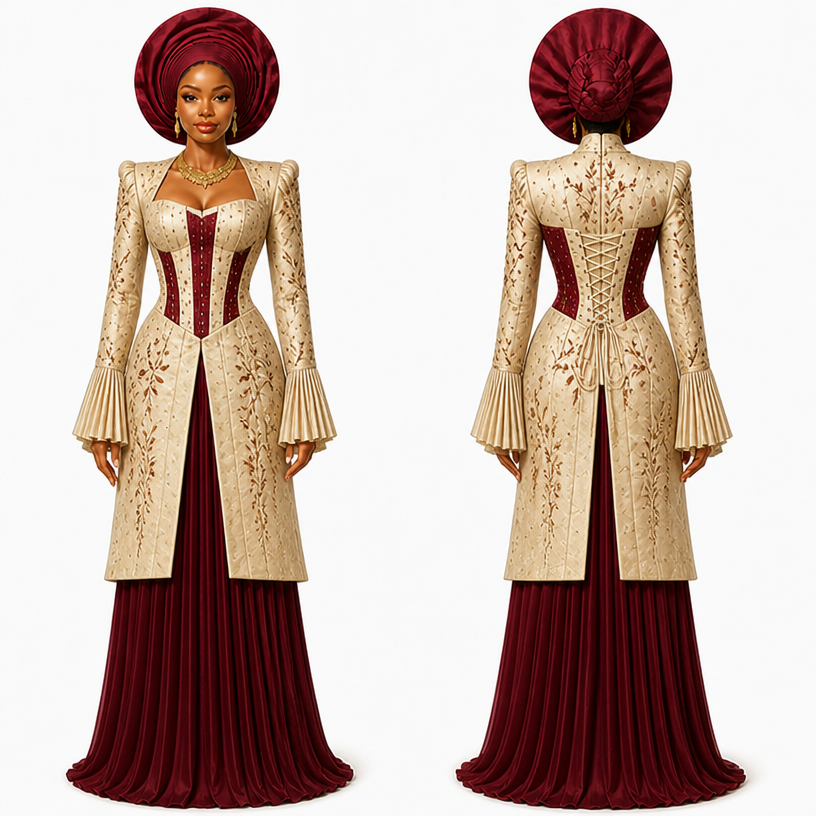 This is not looking traditional
I want a straight gown with corset and pleated sleeve
The gown should be two step
And the pleated down part should be wine coulour
edit the attached fashion design with these instructions: This is not looking traditional
I want a straight gown with corset and pleated sleeve
The gown should be two step
And the pleated down part should be wine coulour. keep it photorealistic, just the design no text
