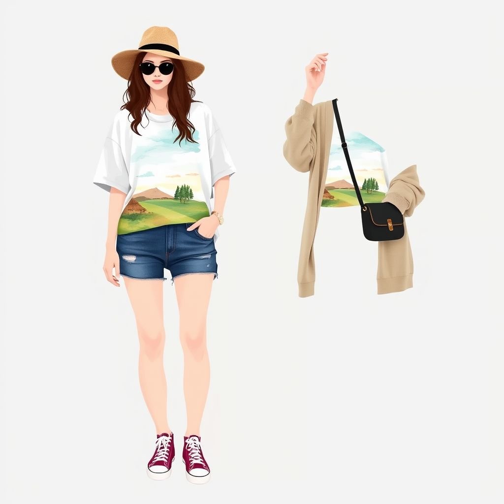 TG
Design a relaxed fit, oversized graphic tee with a whimsical, hand-painted landscape scene on the front, paired with high-waisted, distressed denim shorts. Complete the look with low-top canvas sneakers and a slouchy, lightweight cardigan to layer. Accessorize with a wide-brimmed hat and a crossbody bag for effortless style.
