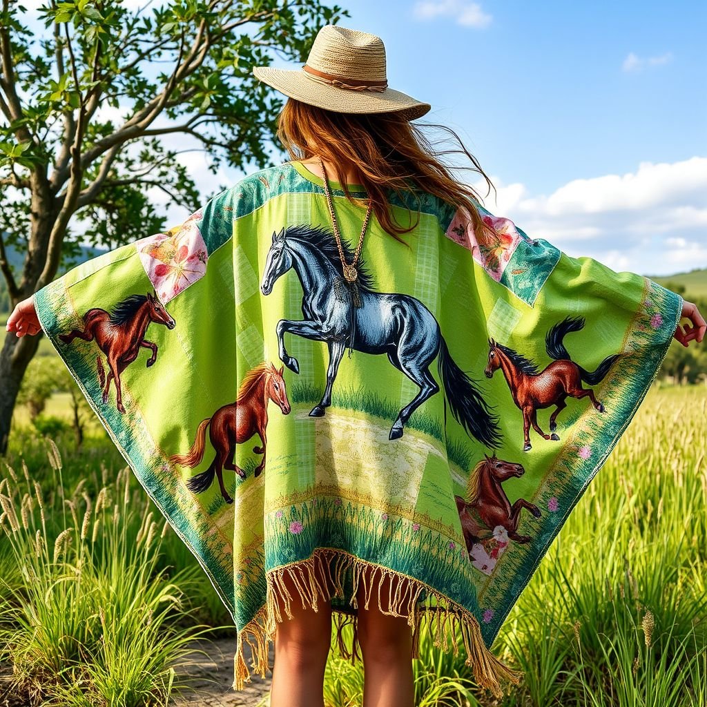 Patch work green summer poncho which is handpainted of horse
Imagine a vibrant, oversized summer poncho featuring eclectic patchwork in various shades of green, reminiscent of a lush meadow. Hand-painted equine motifs gallop across the fabric, blending art and nature. The poncho’s flowing silhouette is accentuated with billowing sleeves, perfect for warm breezes, embodying a spirited bohemian vibe. Ideal for festivals!