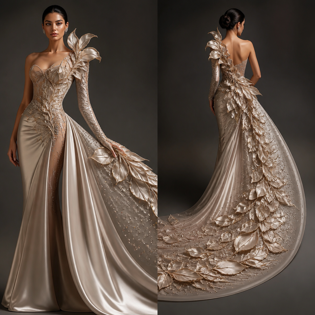 Silhouette
* Sculpted, body-skimming corset bodice
* Dramatic asymmetrical neckline—one shoulder flowing into a sculptural sleeve
* Extremely elegant floor-length skirt
* One side fitted closely to the body, while the other opens into a huge architectural drape
* Long detachable train that appears to float behind the wearer
The signature detail:
A constellation of three-dimensional sculpted petals begins at the waist and travels diagonally across the bodice, gradually becoming larger toward the shoulder and train. The petals are individually hand-formed so they look almost like they are growing out of the gown.
Fabric & finish
* Liquid silk satin base
* Sheer illusion panels
* Thousands of tiny hand-applied crystals
* Micro-beading rather than heavy all-over sequins
* Metallic thread embroidery hidden within the petals
* Subtle reflective stones that catch the light when she moves
Color: I’d make it an unusual smoky champagne fading into warm ivory, rather than ordinary gold. Under flash photography, the gown would glow.
Couture moment:
The train has a very subtle internal structure, allowing it to hold an almost floating crescent shape behind her.
It would be recognizable from across a room because of the sculptural petal architecture, not because it’s simply sparkly.
photorealistic fashion design, Silhouette
* Sculpted, body-skimming corset bodice
* Dramatic asymmetrical neckline—one shoulder flowing into a sculptural sleeve
* Extremely elegant floor-length skirt
* One side fitted closely to the body, while the other opens into a huge architectural drape
* Long detachable train that appears to float behind the wearer
The signature detail:
A constellation of three-dimensional sculpted petals begins at the waist and travels diagonally across the bodice, gradually becoming larger toward the shoulder and train. The petals are individually hand-formed so they look almost like they are growing out of the gown.
Fabric & finish
* Liquid silk satin base
* Sheer illusion panels
* Thousands of tiny hand-applied crystals
* Micro-beading rather than heavy all-over sequins
* Metallic thread embroidery hidden within the petals
* Subtle reflective stones that catch the light when she moves
Color: I’d make it an unusual smoky champagne fading into warm ivory, rather than ordinary gold. Under flash photography, the gown would glow.
Couture moment:
The train has a very subtle internal structure, allowing it to hold an almost floating crescent shape behind her.
It would be recognizable from across a room because of the sculptural petal architecture, not because it’s simply sparkly., just the design no text, show front and back