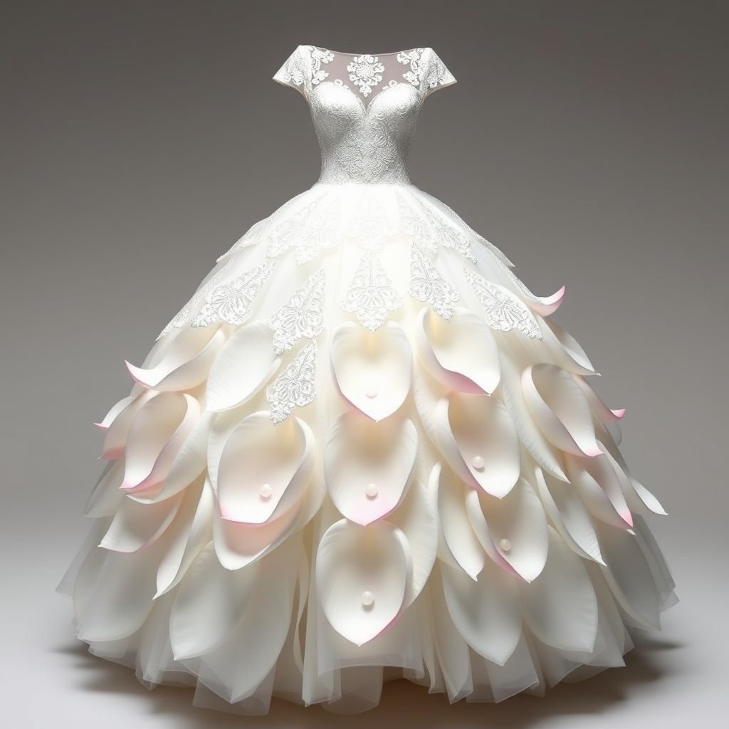 I want a wedding dress inspired by a white Lotus with the top of the dress I want to be just normal bonus pedal and for the skirt I want the skirt to be like a big ball gown and singular lotus petals going along the skirt big Lotus petals that take up the length of the skirt and I don’t want them stacked on top of each other. I want them next to each other.
Envision a stunning wedding dress inspired by the serene beauty of a white lotus. The bodice features delicate, gleaming lace mimicking soft lotus petals. The voluminous ball gown skirt flows gracefully, adorned with oversized, meticulously placed lotus petals, gently cascading in white and hints of blush. This enchanting design embodies elegance and romance.