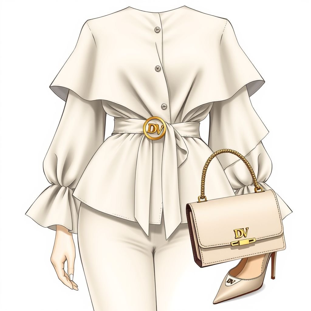 Women's Double-Layer flare Sleeve Tie-Front Blouse, with a belt around waist that says “DV” and “DV” on tag inside shirt. With heels on that has “DV” on bottom and a purse with DV on it to match the dress and heels
Create an exquisite women’s double-layer flare sleeve blouse, elegantly tied at the waist with a chic belt embossed in gold with “DV.” Pair it with stunning, pointed-toe heels, showcasing a delicate “DV” insignia on the soles. Complete this refined look with a coordinated purse, embodying sophistication and grace throughout.
