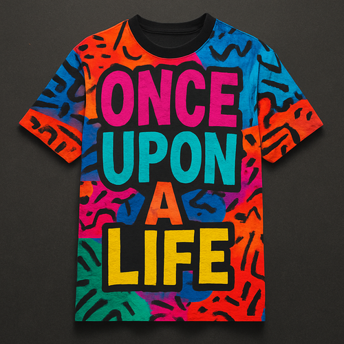 One of a kind colorful T shirt designing with words written on it saying once upon a life,