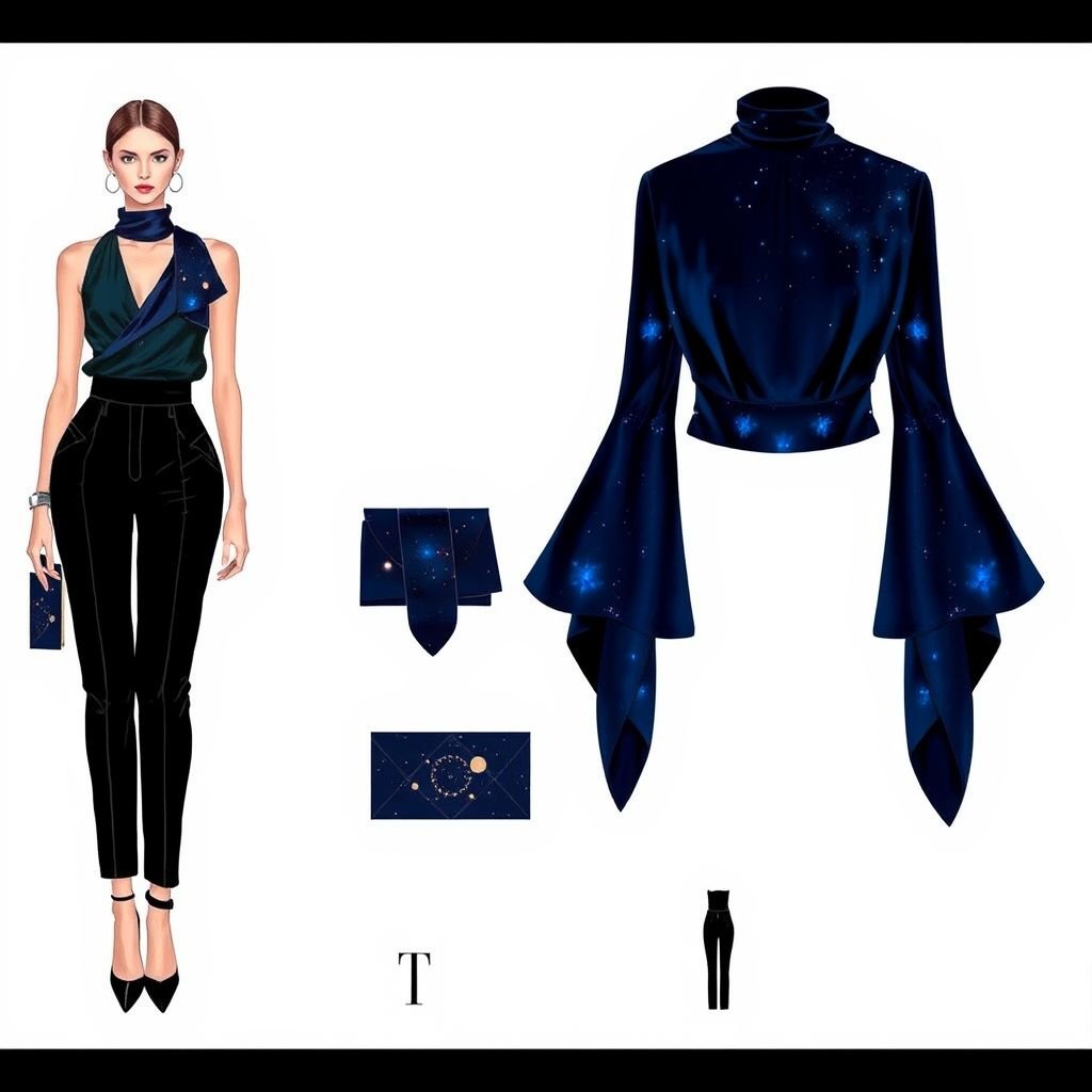 A high-neck, asymmetrical silk blouse in deep midnight blue. The fabric features a subtle iridescent sheen that shifts slightly under light, mimicking the night sky. One sleeve is full-length and fitted, while the other side is sleeveless with a sleek silver chain draping from shoulder to elbow for contrast.
Design a striking ensemble featuring a high-neck, asymmetrical silk blouse in deep midnight blue, adorned with an iridescent sheen that evokes the cosmos. Pair it with tailored high-waisted black trousers and elegant stiletto heels. Accessorize with minimalist silver jewelry and a celestial-themed clutch, creating an enchanting, modern evening look that captures the mystery of the night sky.