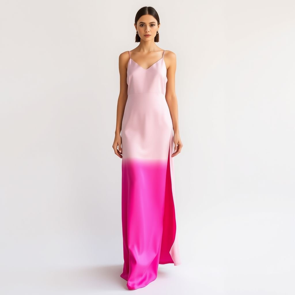 Two tone silk maxi slip dress. Top half light pink, bottom half hot pink. With a bias cut
Imagine a luxurious two-tone silk maxi slip dress featuring a delicate light pink top that gracefully transitions into a bold hot pink bottom. The bias cut cascades elegantly, creating movement with every step. Thin, adjustable straps highlight the shoulders, while a subtle side slit adds a daring touch, perfect for evening soirées.