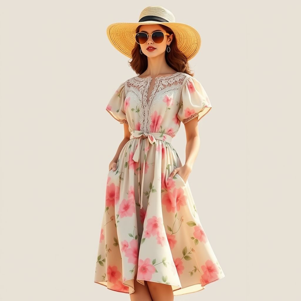 I want to create a resort dress with classic vintage chic
Design a resort dress that embodies classic vintage chic, featuring a flowing silhouette adorned with pastel floral prints. The neckline showcases delicate lace, while short, puffy sleeves evoke 1950s elegance. A cinched waist leads to an A-line skirt that billows gracefully. Complete the look with oversized sunglasses and a wide-brimmed hat.