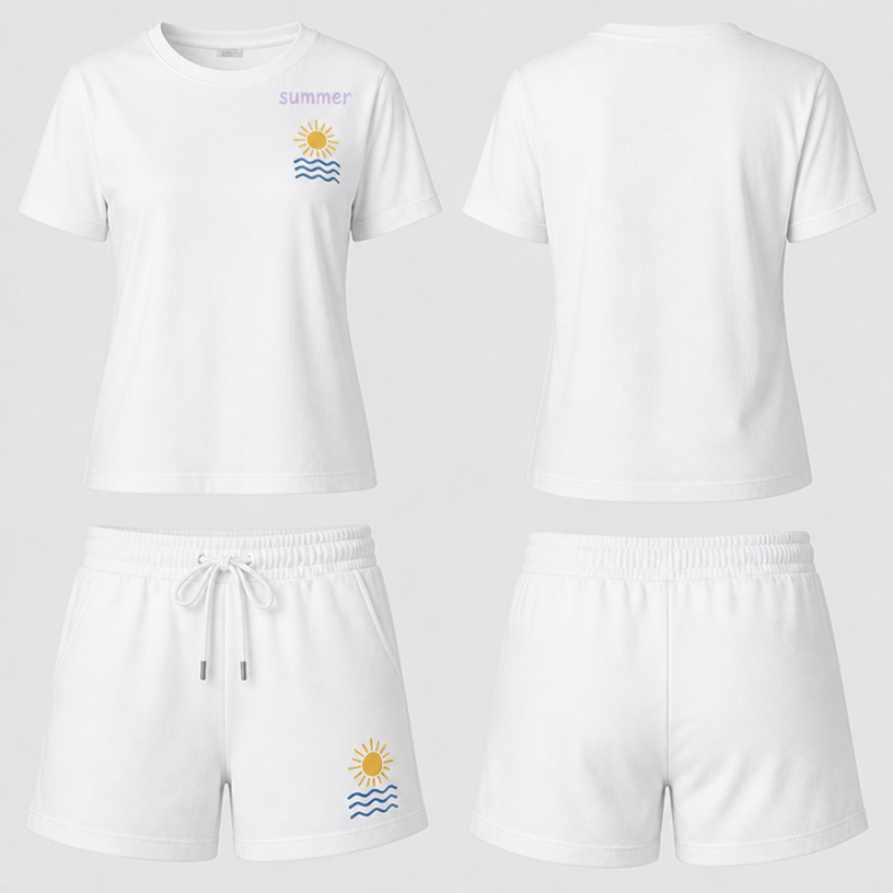 Place "summer" on the top right of the shirt.
Make the shirt and trousers white. Make the letters light purple.
edit the attached fashion design with these instructions: Place "summer" on the top right of the shirt.
Make the shirt and trousers white. Make the letters light purple.. keep it photorealistic, just the design no text