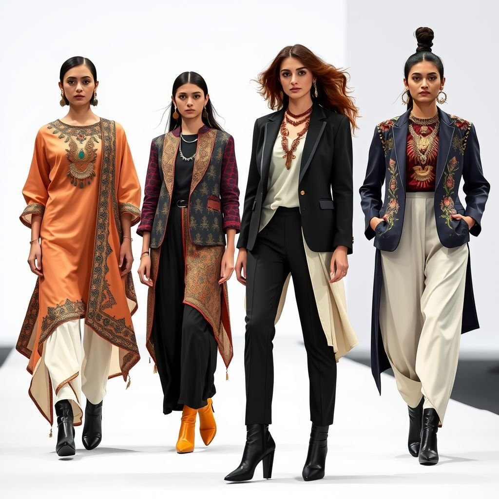 Indo western
Merge traditional Indian elements with modern Western aesthetics in a stunning Indo-Western collection. Picture flowing kurtas with asymmetrical hemlines, intricately embroidered blazers, and draped palazzos paired with sleek ankle boots. Vibrant colors meet muted tones, while fusion jewelry incorporates both tribal and contemporary styles, creating a harmonious blend of cultures on the runway.