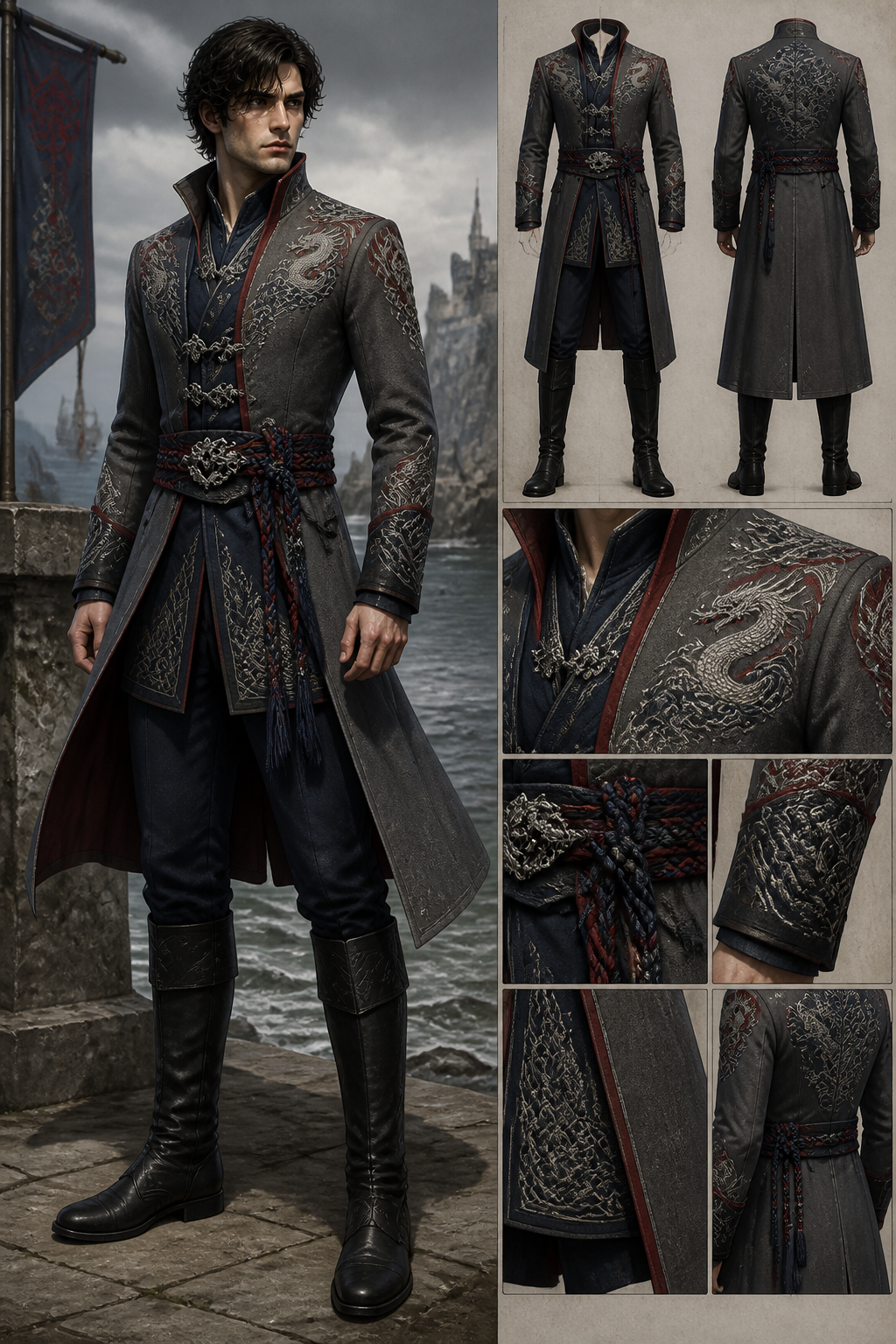 Refined layered clothing made from soft gray wool, fine leather, deep blue fabrics, and subtle crimson accents. Slightly shorter split-front overcoat with fitted tailoring over embroidered tunics and practical riding trousers. Silver clasps shaped like dragons and waves secure braided rope belts. Decorative embroidery combines dragons, waves, sea foam, and flowing knotwork stitched in silver, navy, and crimson thread. Tall polished leather boots, fitted sleeves, elegant collars, and practical coastal tailoring. Colors include gray, charcoal, deep navy, muted crimson, silver, and black.
Refined layered clothing made from soft gray wool, fine leather, deep blue fabrics, and subtle crimson accents. Slightly shorter split-front overcoat with fitted tailoring over embroidered tunics and practical riding trousers. Silver clasps shaped like dragons and waves secure braided rope belts. Decorative embroidery combines dragons, waves, sea foam, and flowing knotwork stitched in silver, navy, and crimson thread. Tall polished leather boots, fitted sleeves, elegant collars, and practical coastal tailoring. Colors include gray, charcoal, deep navy, muted crimson, silver, and black.