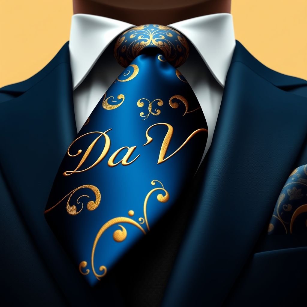 Men’s Tie, that says “Da’Vine”
Design an elegant men’s tie featuring the name “Da’Vine” embroidered in a sophisticated script font. The tie should incorporate rich, deep colors like royal blue and gold, exuding luxury. Add subtle, intricate patterns reminiscent of vine leaves to symbolize growth and elegance, making it a standout piece for formal attire.