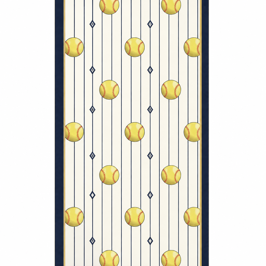 Design a luxury silk twilly scarf inspired by classic yellow American softball. Ivory silk background with ultra-fine navy blue pinstripes running vertically. Scattered softballs with realistic red stitching, evenly spaced and elegant. Small subtle navy diamond motifs placed between the softballs. Navy border with a thin metallic gold accent line. Sophisticated, timeless, Hermès-inspired composition with plenty of negative space, hand-illustrated aesthetic, seamless repeating pattern, high-end fashion accessory, refined color palette.
photorealistic fashion design, Design a luxury silk twilly scarf inspired by classic yellow American softball. Ivory silk background with ultra-fine navy blue pinstripes running vertically. Scattered softballs with realistic red stitching, evenly spaced and elegant. Small subtle navy diamond motifs placed between the softballs. Navy border with a thin metallic gold accent line. Sophisticated, timeless, Hermès-inspired composition with plenty of negative space, hand-illustrated aesthetic, seamless repeating pattern, high-end fashion accessory, refined color palette., classic style, just the design no text