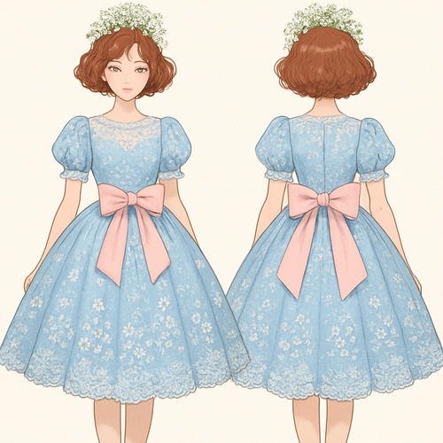 A blue under the top lace dress with babies breath, flowers on top and a giant pink bow, head, ranch, and very puffy, elegant and pretty