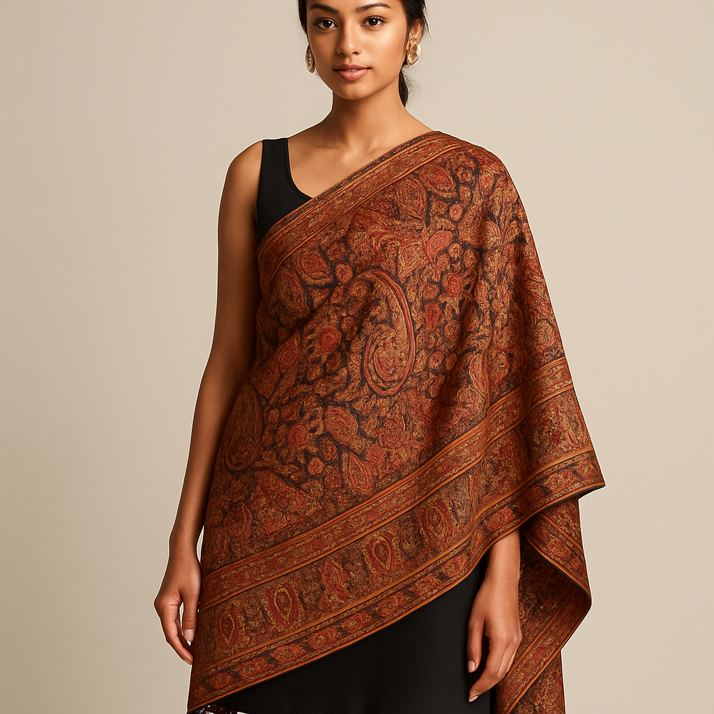 Indian shawl drapes on one shoulder with a short dress
Indian shawl drapes on one shoulder with a short dress
