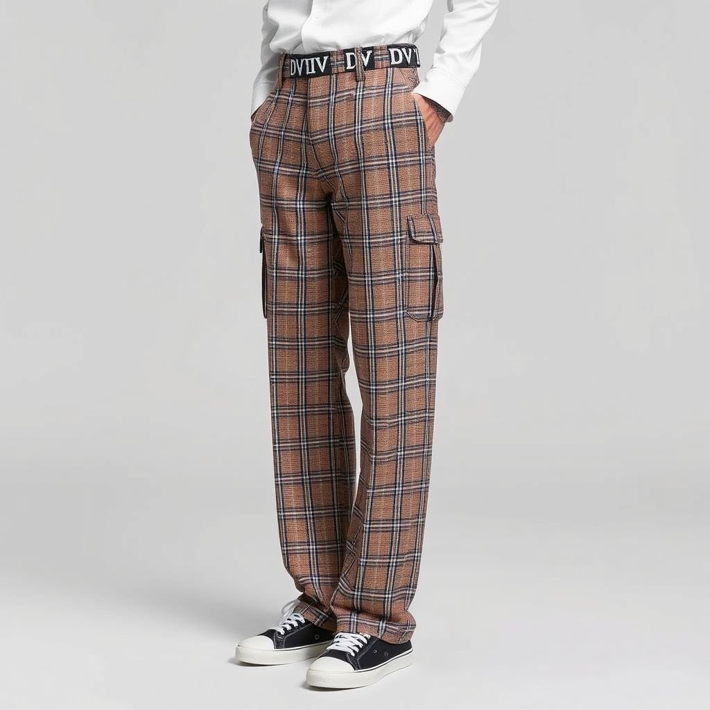 Men Plaid Check Loose Fit Wide Leg Trousers Casual Street Style All-Season Pants With Side Pockets Classic Office Versatile Lightweight Loungewear Bottoms With “DV” on belt
Design a pair of men’s plaid check wide-leg trousers that embody urban streetwear aesthetics. Incorporate a loose fit for effortless cool, combining lightweight fabric and side pockets. Feature bold “DV” branding on the belt for a contemporary edge. Perfect for casual outings or versatile office looks, these pants define all-season style.