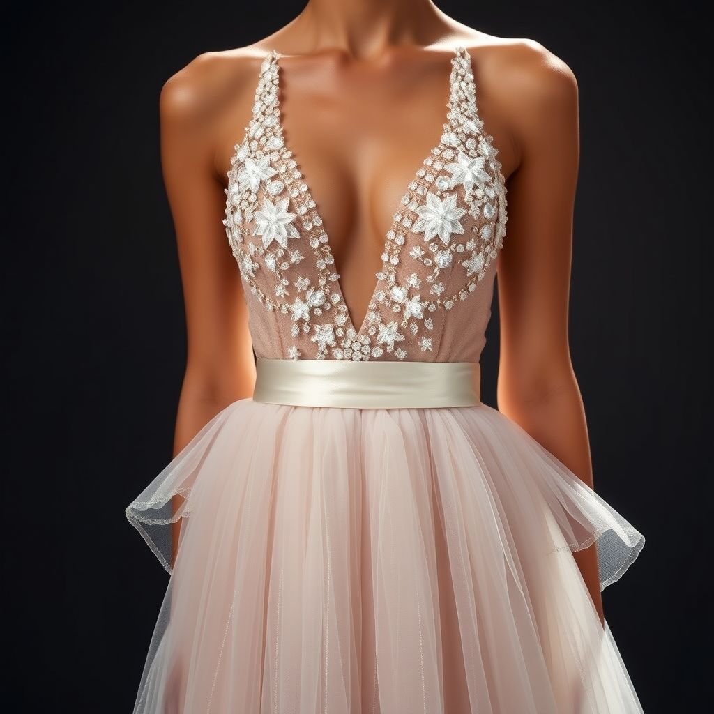 2. Upper Part: • Deep V-shaped neckline starting from the shoulders down to the underbust area. • The neckline is heavily adorned with white crystal embellishments, which are densest at the top and gradually decrease downward. • A thin, sash-like white belt wraps around the waist. 3. Lower Part: • From the waist down, the fabric falls straight, made of very lightly layered and slightly voluminous white tulle or organza. • The volume is minimal, creating a natural and elegant look. • The delicate fabric begins where the crystal embellishments end. 4. Color and Fabric: • The main fabric is white, made of shiny satin or silk. • The crystals or pearls embellishing the neckline and bust are in crystal or pearl tones. • The lower part’s fabric is white, slightly transparent, and has a flowing movement. 5. Details: • The back can be open or feature thin straps. • Sleeves are either absent or very thin straps are preferred.
Imagine a stunning evening gown that embodies ethereal elegance. The upper part features a daring deep V-neckline, embellished with cascading white crystals that twinkle like starlight. A delicate satin belt cinches the waist, while the lower half drapes gracefully in translucent layers of soft tulle, exuding effortless sophistication and movement. Ideal for a celestial-themed gala.
