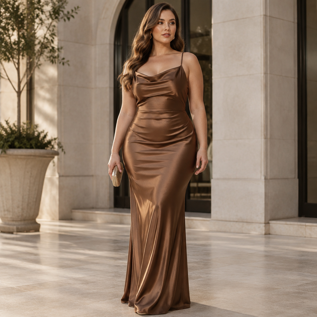 A Female Dress design, made of Silk, with a sleek, smooth finish, with a Bodycon silhouette, in an Earth Tones color palette, for Formal, suitable for Fall, suited to a Tropical climate, in Formal + Elegant style, shown on a model with light skin and a curvy figure. Canada fashion aesthetics. Present it as professional fashion catalogue photography: the garment is the subject, shown full-length with editorial styling, neutral posing and tasteful, non-suggestive framing.
photorealistic fashion design, A Female Dress design, made of Silk, with a sleek, smooth finish, with a Bodycon silhouette, in an Earth Tones color palette, for Formal, suitable for Fall, suited to a Tropical climate, in Formal + Elegant style, shown on a model with light skin and a curvy figure. Canada fashion aesthetics. Present it as professional fashion catalogue photography: the garment is the subject, shown full-length with editorial styling, neutral posing and tasteful, non-suggestive framing., formal style, just the design no text