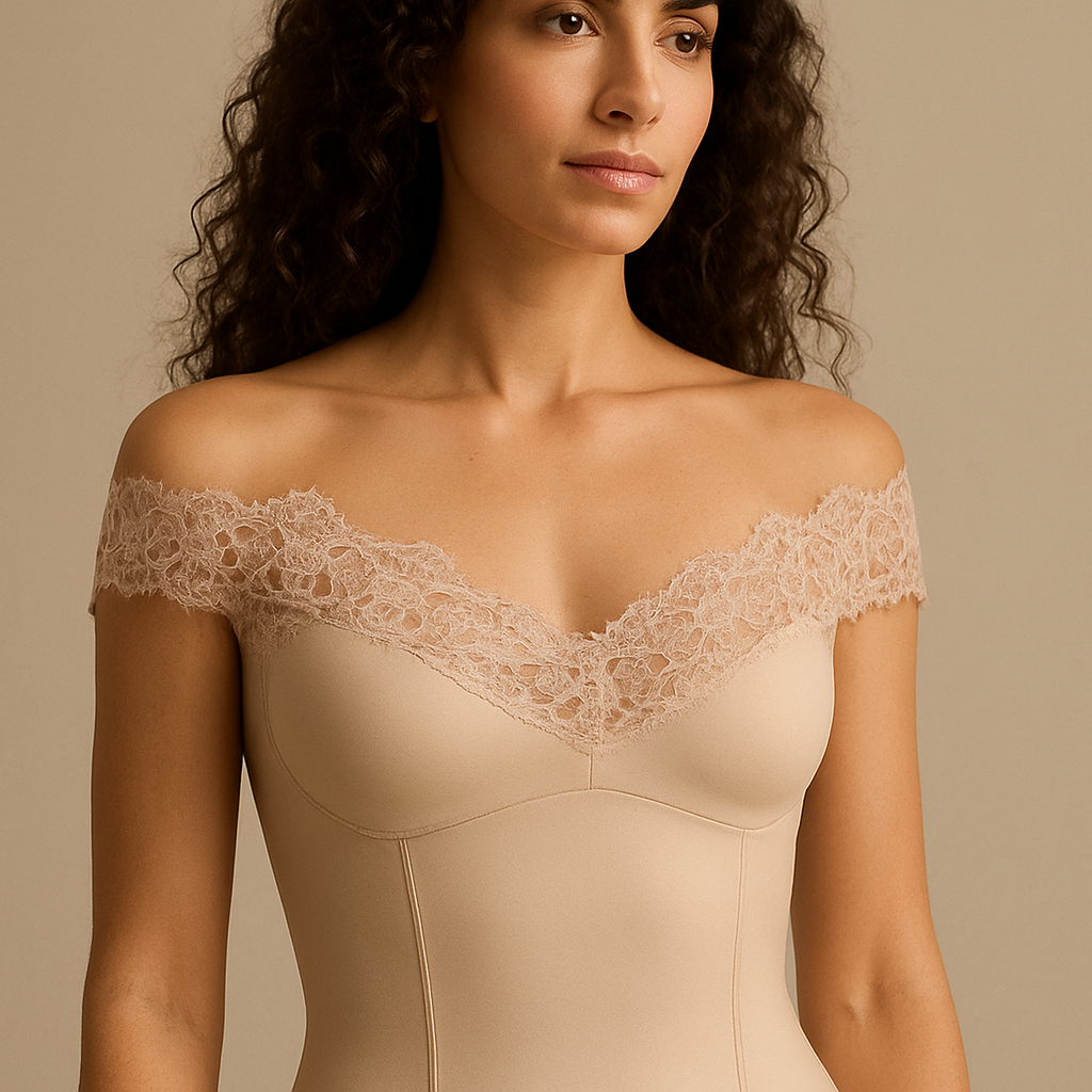 High-end beige sportswear top inspired by bridal elegance, crafted from premium sculpting technical fabric with delicate transparent floral lace trimming along the neckline and shoulders. The design features elegant off-shoulder lace details and a longline cut extending a few centimeters below the bust, gently contouring the upper waist. The fabric is smooth, slightly satin-finish, supportive yet soft, combining athletic performance with couture-level femininity. Model: 32 years old, 170cm, 58kg, long curly hair. Neutral beige studio background with warm light, soft shadows, focus on material texture, lace craftsmanship, and refined seams. Ultra-realistic 8K fashion photography, luxury fitness and lingerie fusion, Lauren Secret signature aesthetic — sensual strength and timeless grace.”

High-end beige sportswear top inspired by bridal elegance, crafted from premium sculpting technical fabric with delicate transparent floral lace trimming along the neckline and shoulders. The design features elegant off-shoulder lace details and a longline cut extending a few centimeters below the bust, gently contouring the upper waist. The fabric is smooth, slightly satin-finish, supportive yet soft, combining athletic performance with couture-level femininity. Model: 32 years old, 170cm, 58kg, long curly hair. Neutral beige studio background with warm light, soft shadows, focus on material texture, lace craftsmanship, and refined seams. Ultra-realistic 8K fashion photography, luxury fitness and lingerie fusion, Lauren Secret signature aesthetic — sensual strength and timeless grace.”