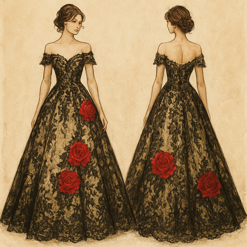 Lace wedding dress,black and champagne color, off the shoulder sleeves, and red rose appliqué on the dress.