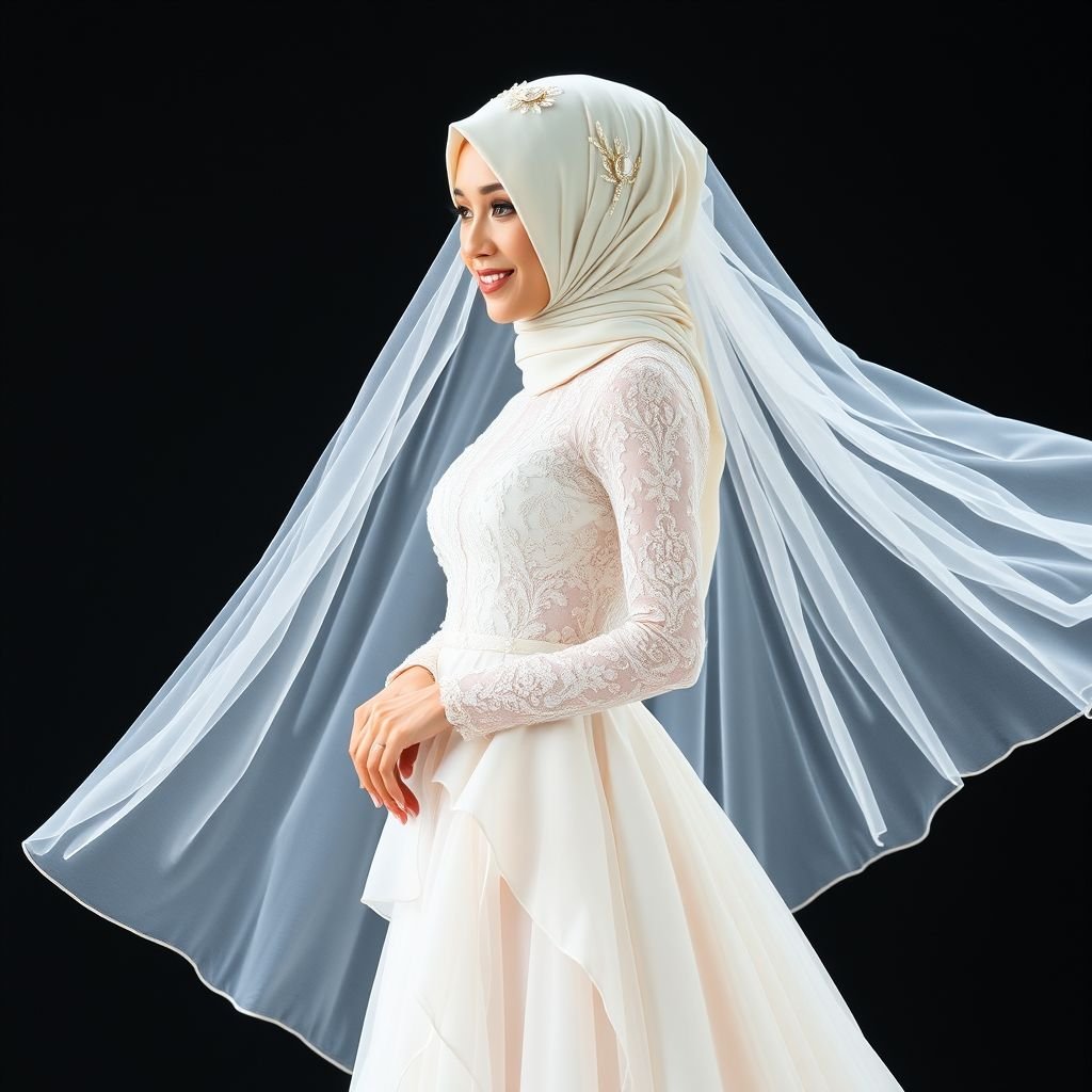 I want an elegant and modest bridal dresses they should also be unique and also put hijab and veils
Design an elegant millennial-inspired bridal dress featuring a contemporary twist with layers of soft chiffon and delicate lace. Incorporate unique asymmetrical cuts and pastel shades. Add a stylish hijab adorned with subtle embellishments, and complement it with a flowing veil that delicately trails, creating a modern yet modest bridal look.