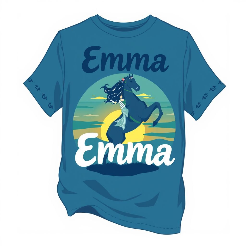 Blue shirt with the words Emma on them with girl rearing on horse and teal green and and blue background sunset
Design a whimsical, bohemian-inspired blue shirt featuring the name "Emma" in bold, playful typography. The shirt showcases a striking graphic of a girl gracefully rearing on a horse against a serene sunset, blending teal greens and deep blues. Flowing, relaxed silhouettes and soft, breathable fabric enhance the enchanting vibe.