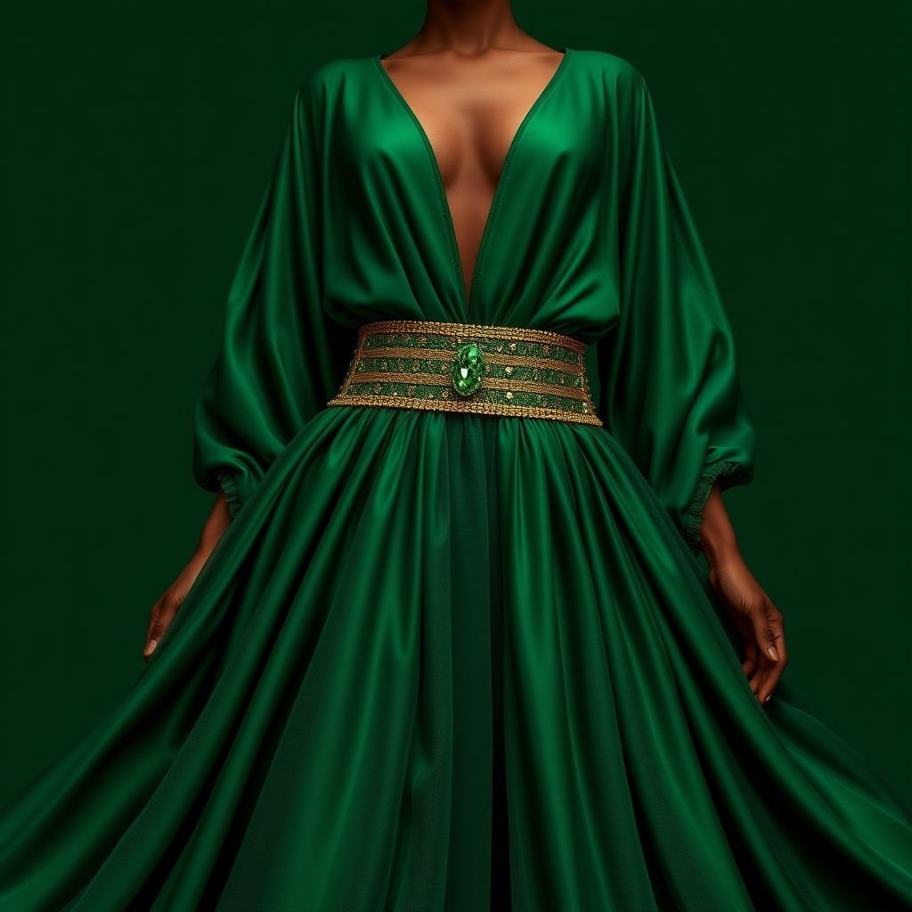 Create a woman’s kaftan that would wow. Add layers of fabric to create a big skirt but also add structure by ruching the waist. Give it a low neckline, and a monochrome hunter green color. Add details of ruched tulle and an accent of 6 inches ab crystals on a gold and green base to create a luxurious detail to the dress. The base fabric is duchess satin in hunter green
Design an exquisite women’s kaftan that embodies the vibrant spirit of African fashion. Utilize flowing layers of rich duchess satin in deep hunter green to form a voluminous skirt. Enhance the silhouette with a ruched waist and a striking low neckline, merging elegance with boldness. Incorporate ruched tulle for texture and crown the design with a 6-inch band of shimmering ab crystals on a golden-green base, celebrating African artistry in contemporary style. This piece radiates luxury and cultural heritage.
