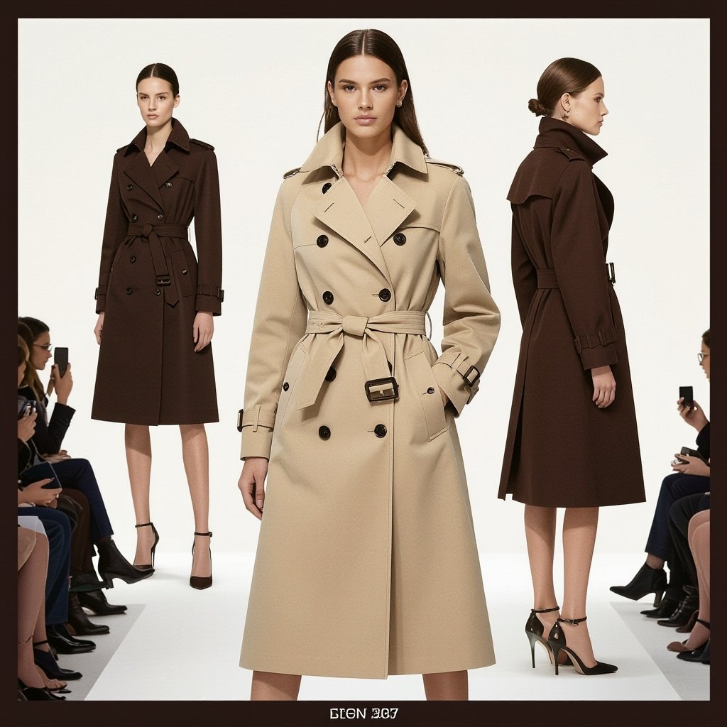 زیباترین ترنچ کت شکلاتی رو طراحی کن
Design the most beautiful chocolate trench coat. It has a classic double-breasted cut with a belted waist and storm flaps, made from a smooth cotton gabardine.