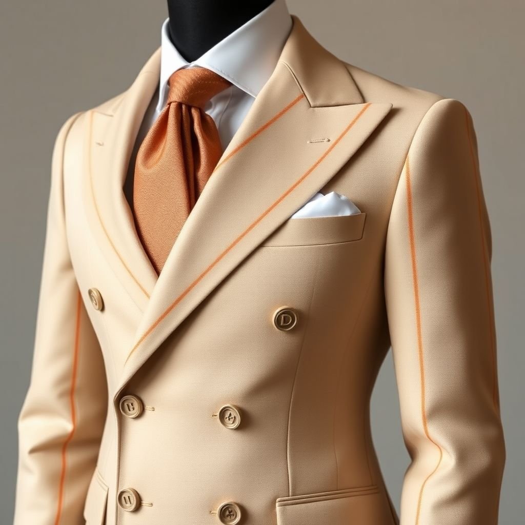 double breasted men church suit, with DV on the cuff of sleeve. The suit color can be beige with light orange stripes.
Design a sophisticated double-breasted men's church suit featuring structured shoulders and a tailored fit. The suit is crafted in a luxurious beige fabric adorned with elegant light orange stripes for a subtle yet stylish flair. Enhance the sleeves with embroidered 'DV' initials on the cuff, representing refinement and individuality in formal wear.