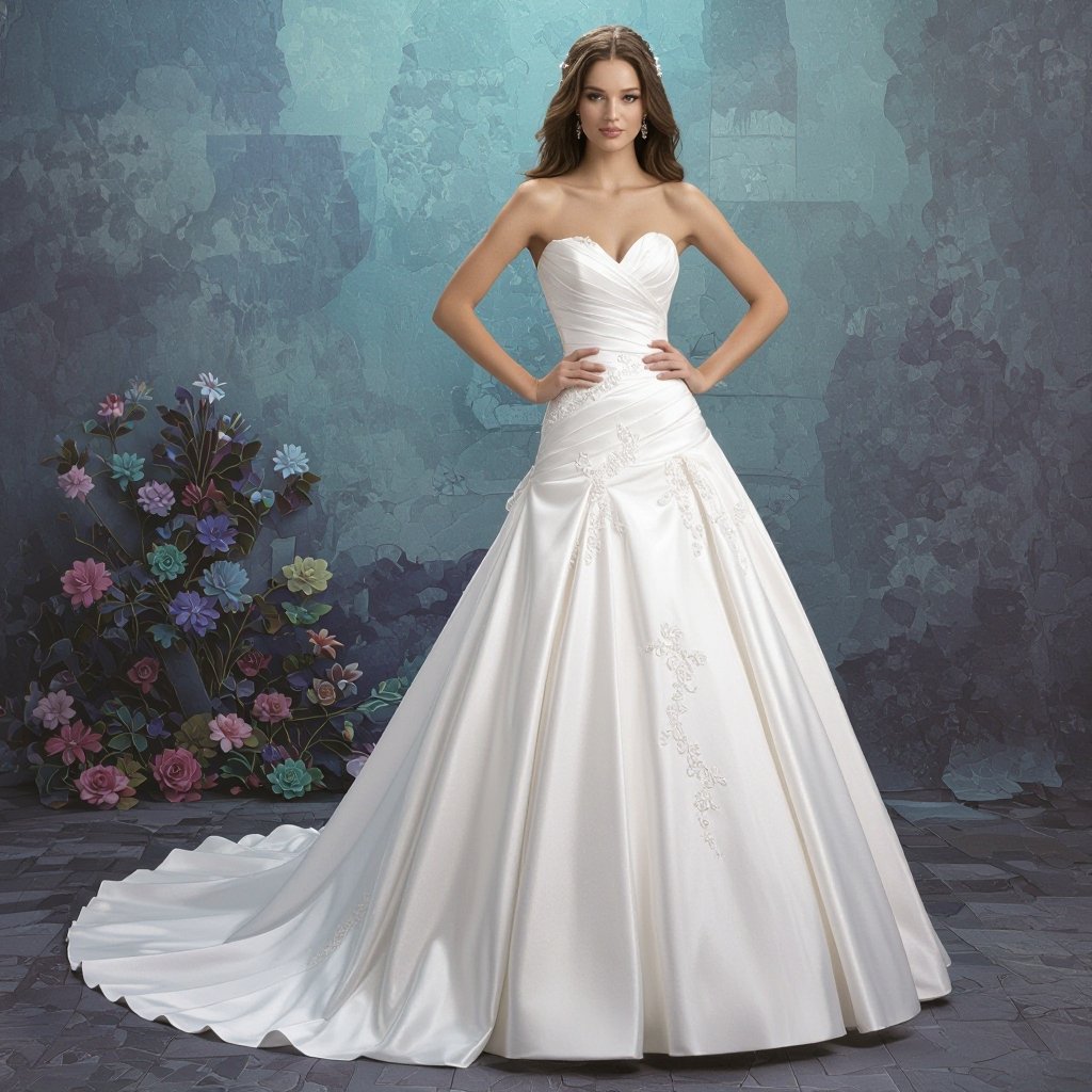 Little mermaid wedding dress
Little mermaid wedding dress crafted from ivory satin, featuring a sweetheart neckline and delicate lace appliqués cascading down the fitted bodice. The trumpet skirt flares gracefully, creating an elegant silhouette.