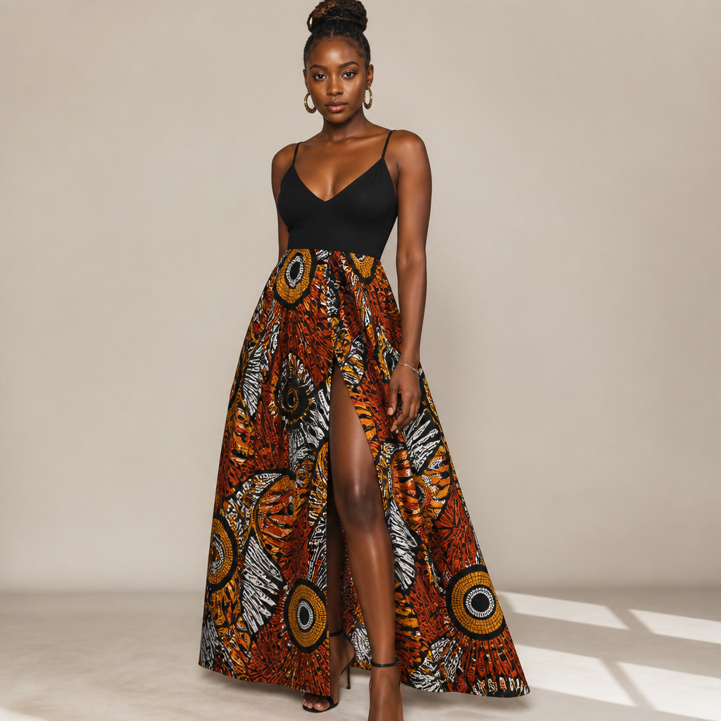 A Female Dress design, suitable for Summer. Make a dress with the fabric showing how it would look when worn. Let the top part be plain black. Kenya fashion aesthetics.
photorealistic fashion design, A Female Dress design, suitable for Summer. Make a dress with the fabric showing how it would look when worn. Let the top part be plain black. Kenya fashion aesthetics., just the design no text