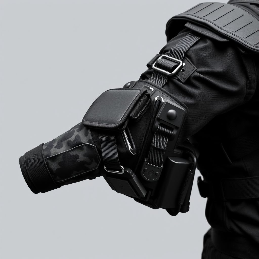 Arm sleeve holder for gun
Design a sleek, tactical arm sleeve holder that features a blend of futuristic urban style and combat practicality. Crafted from a lightweight, breathable black fabric with metallic accents, it incorporates adjustable straps and hidden pockets. Adorned with digital camouflage patterns, it fuses functionality with a bold, high-fashion aesthetic for the modern warrior.