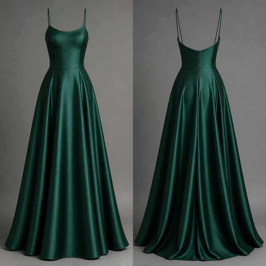 buletkowo zielona suknia dluga staynowa rozkloszowana zwykla przylegajaca w talii na cienkich ramiaczkach
photorealistic fashion design, buletkowo zielona suknia dluga staynowa rozkloszowana zwykla przylegajaca w talii na cienkich ramiaczkach, classic style, just the design no text, show front and back