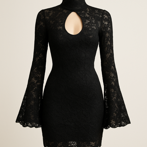 Fitted black mini dress lace material with bells sleeves and a high collar with an oval opening on the breast region