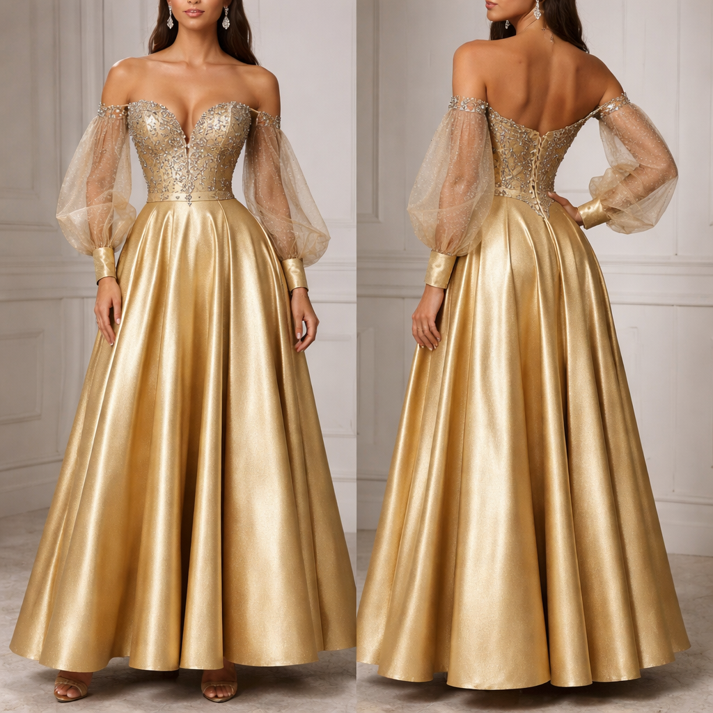Formal gown, ankle length. Sweetheart deep cut top with clear sparkly crystal details in a vine pattern over an extra shiny gold satin metallic fabric. Off the shoulder sheer sparkly long puffy sleeves with satin cuffs. From the waist, flowy shimmer gold fabric.
Formal gown, ankle length. Sweetheart deep cut top with clear sparkly crystal details in a vine pattern over an extra shiny gold satin metallic fabric. Off the shoulder sheer sparkly long puffy sleeves with satin cuffs. From the waist, flowy shimmer gold fabric. , show front and back