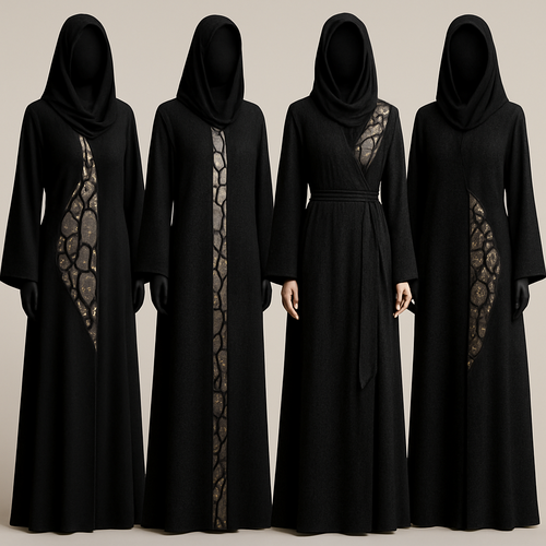 Create a modest abaya that's the first of its kind, featuring a unique stone design that exudes a classy and sophisticated vibe. I'd like four designs, each showcasing different styles and fabrics.
Incorporate high-end, unique chic stone designs to make them truly special. Add a little sophisticated stone work to it.