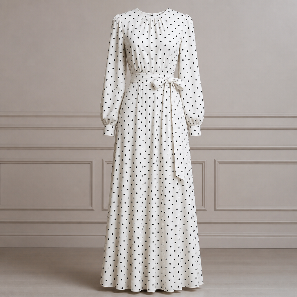 A long dress with long sleeves, white with black polka dots, elegant and beautiful, suitable for a girl going to a very sedentary job.. Turkey fashion aesthetics.
photorealistic fashion design, A long dress with long sleeves, white with black polka dots, elegant and beautiful, suitable for a girl going to a very sedentary job.. Turkey fashion aesthetics., just the design no text