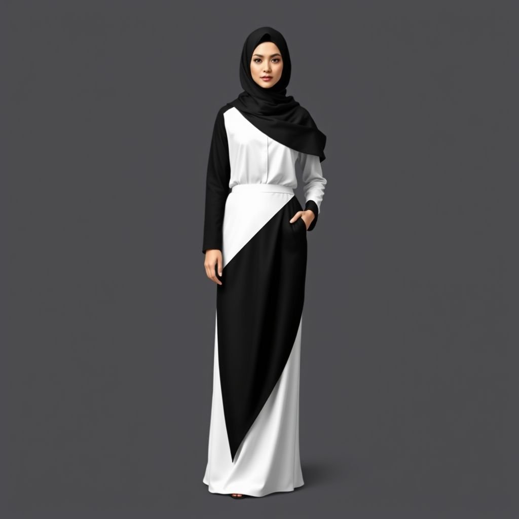 Abaya that is black and white trouser with flowy hijab
Design a sophisticated abaya featuring a sleek black and white trouser that seamlessly blends modernity with tradition. The fabric should be refined and tailored for a professional look, accented by a flowy hijab that cascades elegantly. Incorporate subtle geometric patterns for a contemporary business vibe, perfect for empowered women in the workplace.