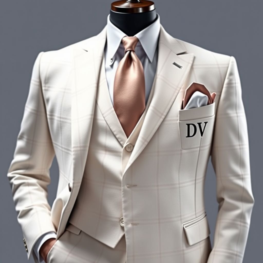 Home Chic White Notched Lapel Three Pieces Plaid Business Suits Groomsmen suits . Put “DV” on it somewhere
Design an elegant three-piece plaid business suit in pristine white, featuring a sophisticated notched lapel and tailored fit ideal for groomsmen. Accentuate the refined style with luxurious fabric and intricate stitching. Incorporate the initials “DV” subtly embroidered on the inside pocket, perfecting the timeless allure and grandeur of this ensemble.