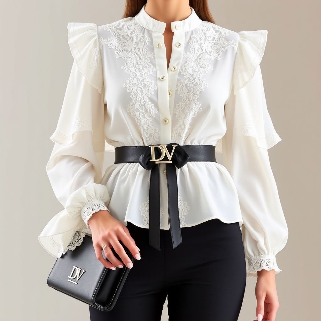 Rafferiza Women's Double-Layer Ruffle Sleeve Tie-Front Blouse, with a belt around waist that says “DV” and “DV” on tag inside shirt. With heels on that has “DV” on bottom and a purse with DV on it to match the dress and heels
Create an elegant ensemble featuring the Rafferiza Women's Double-Layer Ruffle Sleeve Tie-Front Blouse, accentuated with delicate lace detailing. Adorned with a chic belt emblazoned with “DV,” this look exudes sophistication. Pair with sleek stiletto heels, engraved with the “DV” logo, and a coordinating purse to elevate the refined aesthetic.