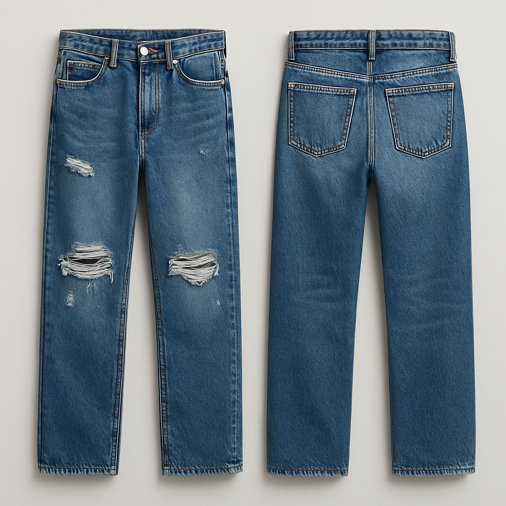 Jeans straight pants with some scretches

Jeans straight pants with some scretches, streetwear style, show front and back